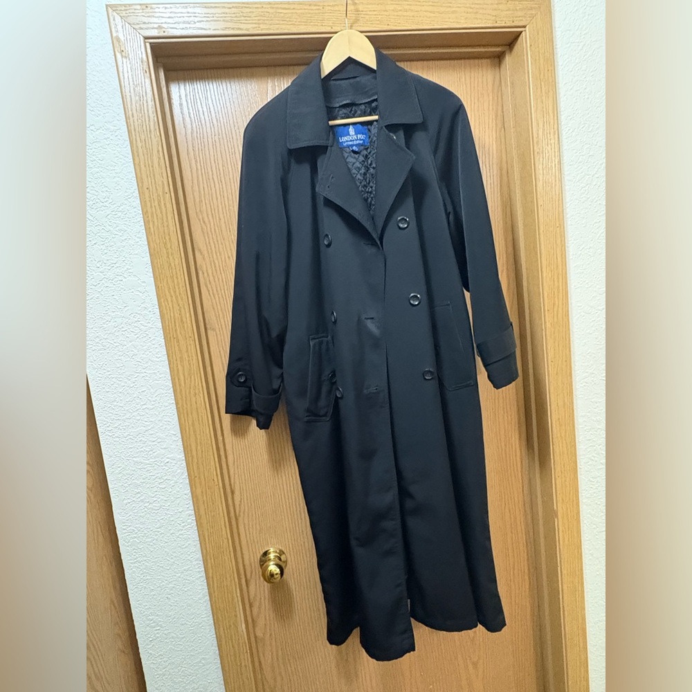 London Fog Long Black Double-Breasted Trench Coat